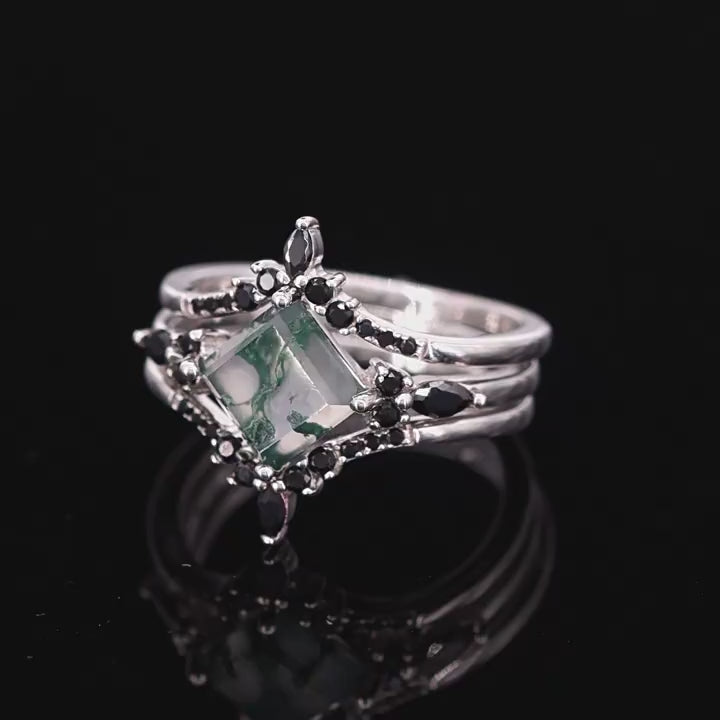 3 Pcs Geometric Natural Black And Green Moss Agate Ring Set Carly Jewelry