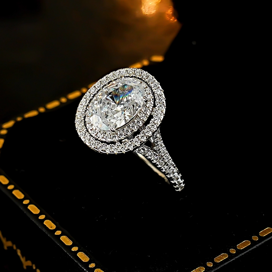 Classic Oval Double Halo Engagement Ring in Sterling Silver Shine of Diamond