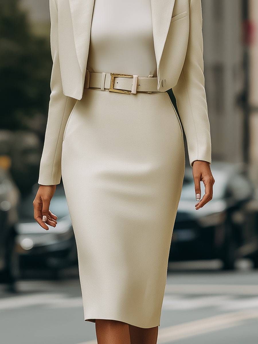 Cream Cropped Blazer And High-Waisted Pencil Skirt Set With Belt XYS