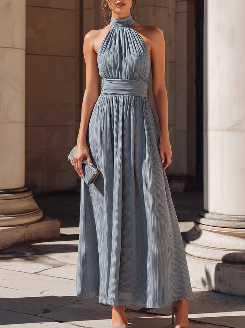 Pleated Halter Neck A-Line Maxi Dress XYS