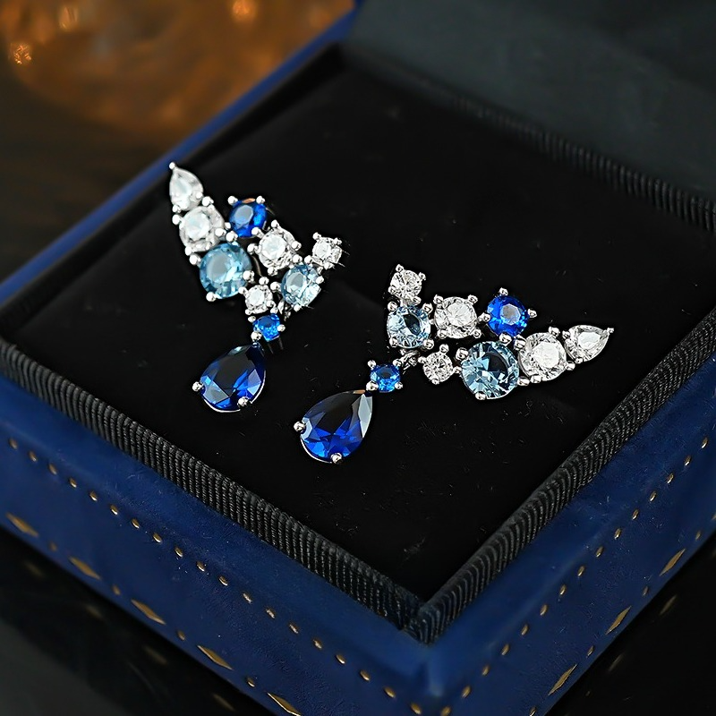“Celestial Bloom” Blue & White Gradient Drop Earrings in 925 Sterling Silver Shine of Diamond