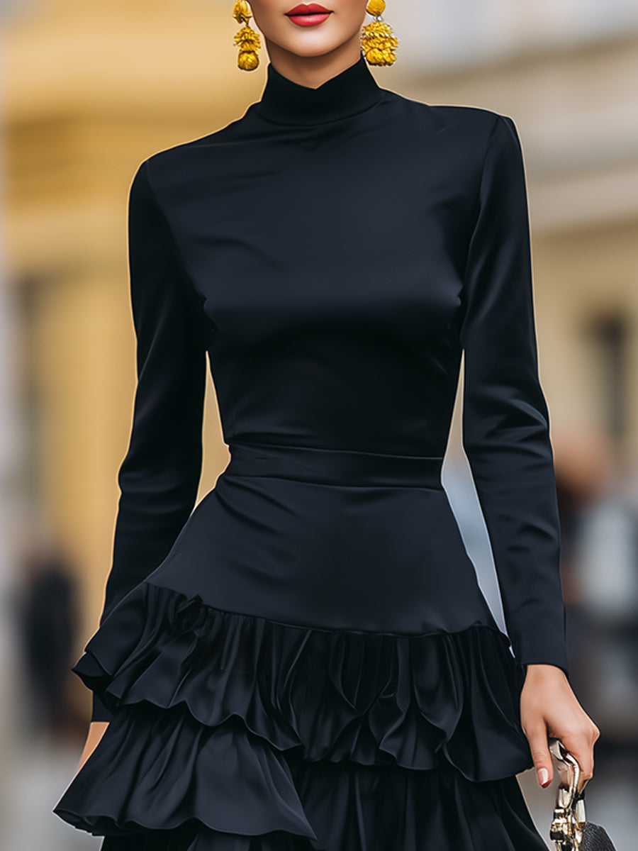 Elegant Mock Neck Tiered Ruffle Midi Dress SN