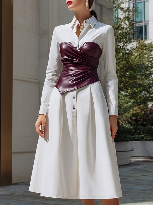 White Shirt Dress With Wine-Red Sculpted Leather Corset Two-Piece Set ZJ
