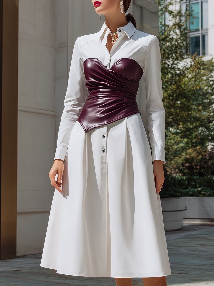 White Shirt Dress With Wine-Red Sculpted Leather Corset Two-Piece Set ZJ