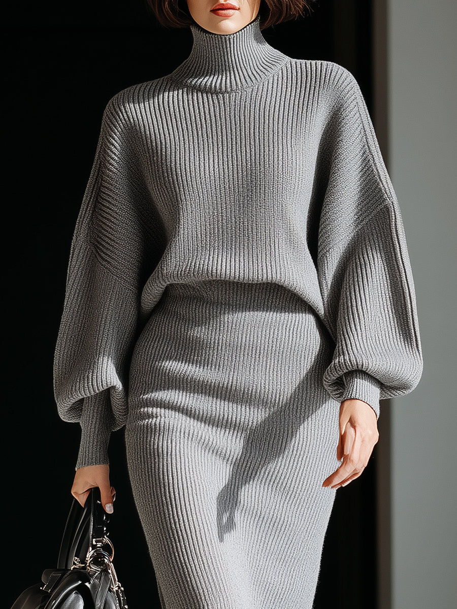 Gray Ribbed Turtleneck Batwing Sweater Dress XYS