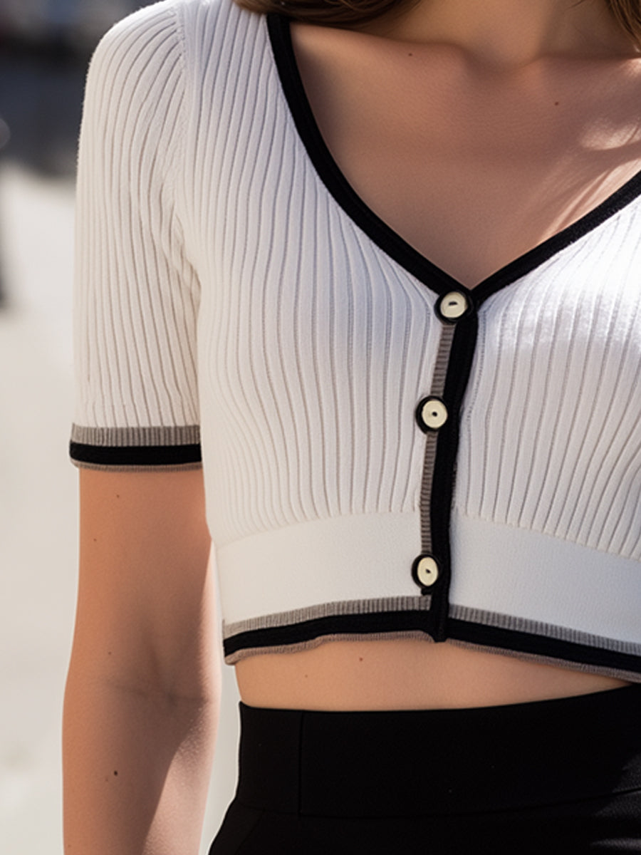 White Ribbed Knit Cropped Cardigan Top With Contrast Trim ZJ