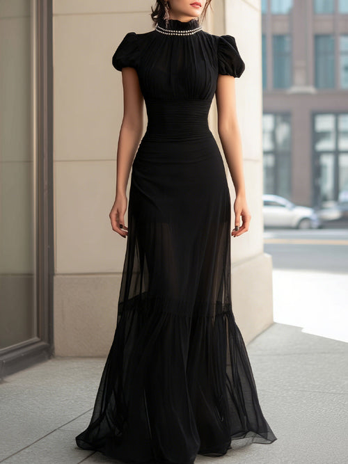 High-Neck Pearl-Trim Puff-Sleeve Sheer Panel Evening Gown MLZ