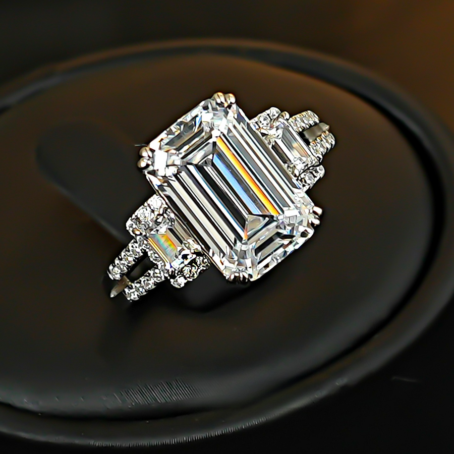 Emerald-Cut Three-Stone Engagement Ring in 925 Sterling Silver Shine of Diamond