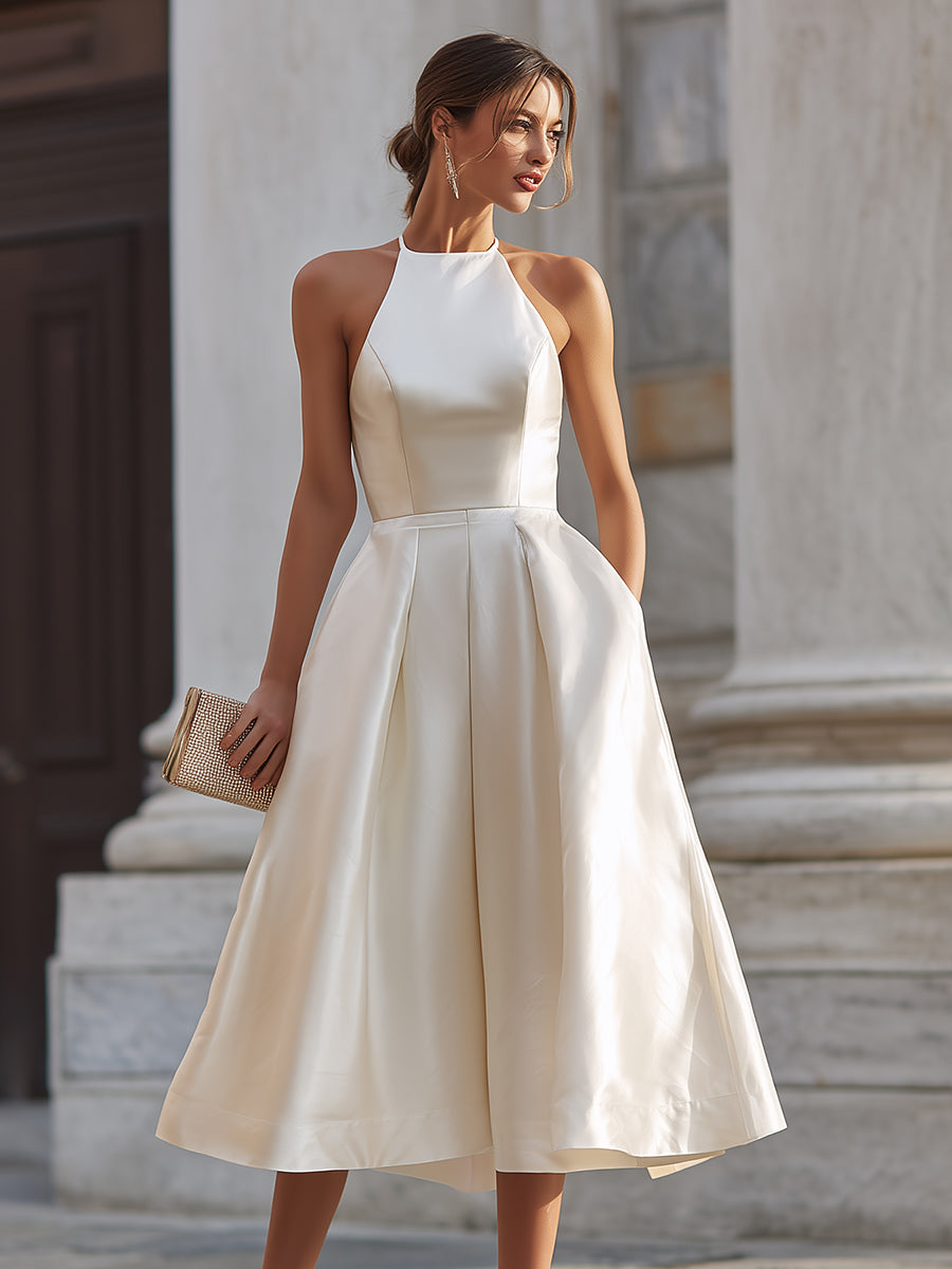 Halter-Neck Pleated Midi Dress XYS