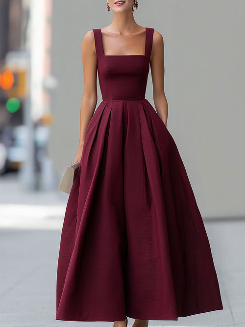 Burgundy Structured Square-Neck Midi Ball Gown Dress SN