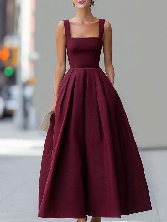 Burgundy Structured Square-Neck Midi Ball Gown Dress SN