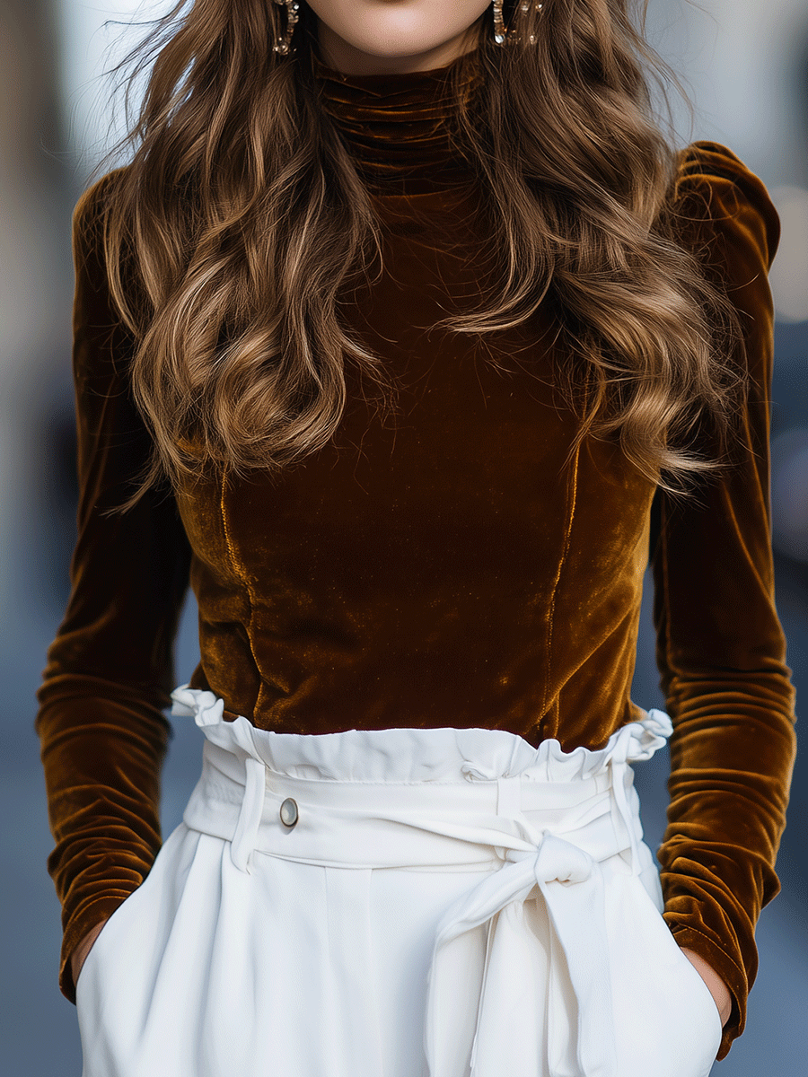 Burnt Caramel Velvet Turtleneck Top XYS