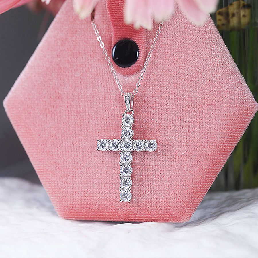 Classic Cross Design Sterling Silver Moissanite Pendant Necklace Shine of Diamond