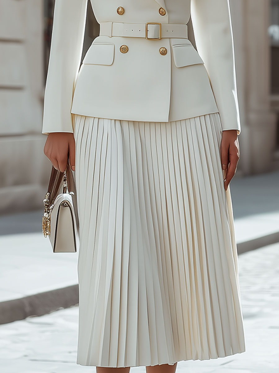 Ivory Double-Breasted Belted Blazer & Pleated Skirt Set SN