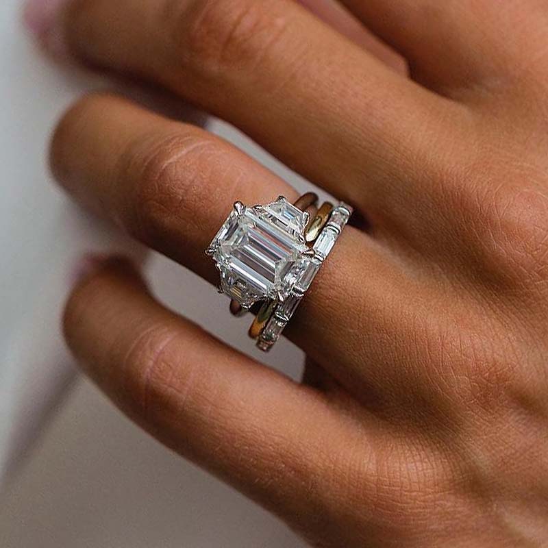 Emerald Cut Three Stone Engagement Ring & Wedding Band Shineofdiamond