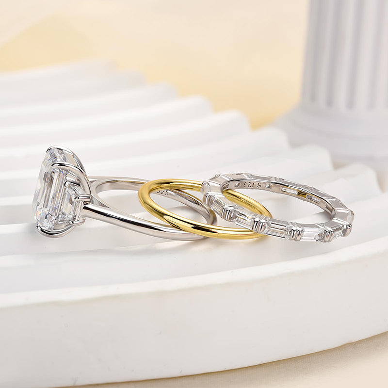 Emerald Cut Three Stone Engagement Ring & Wedding Band Shineofdiamond