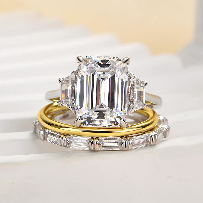 Emerald Cut Three Stone Engagement Ring & Wedding Band Shineofdiamond