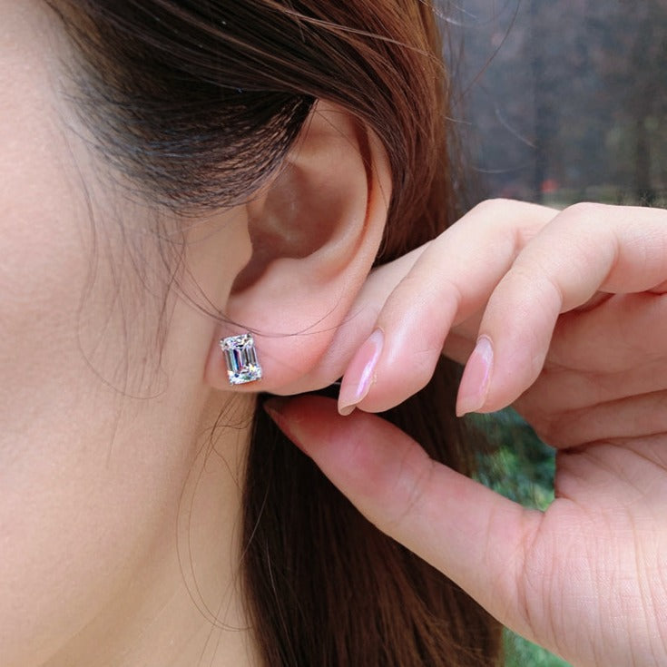 Emerald Cut Stud Earrings In Sterling Silver Shineofdiamond