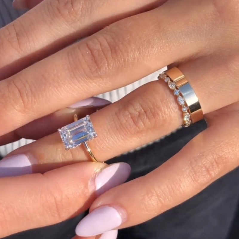 3PCS Golden Tone Emerald Cut Plain Matching Band Bridal Set shineofdiamond