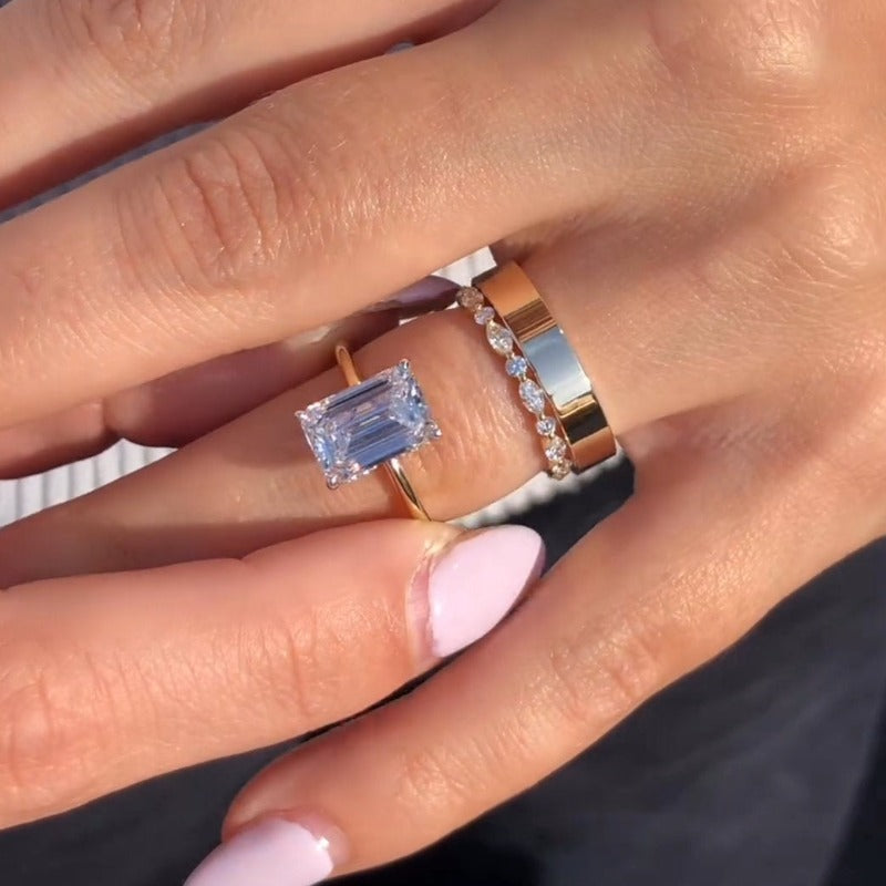 3PCS Golden Tone Emerald Cut Plain Matching Band Bridal Set shineofdiamond