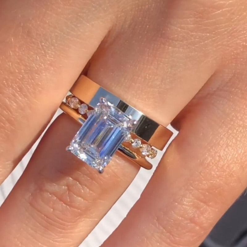 3PCS Golden Tone Emerald Cut Plain Matching Band Bridal Set shineofdiamond