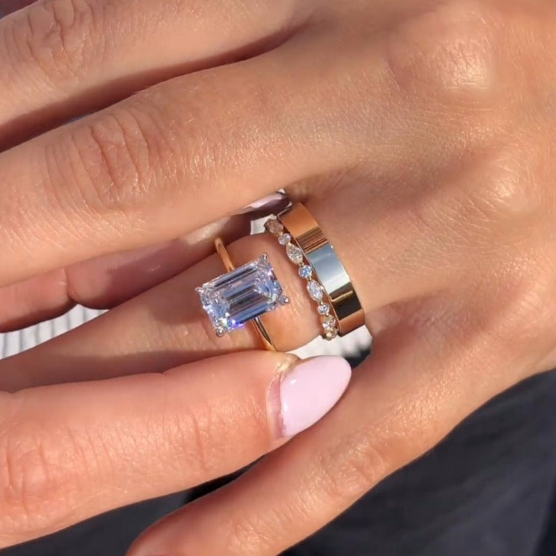 3PCS Golden Tone Emerald Cut Plain Matching Band Bridal Set shineofdiamond