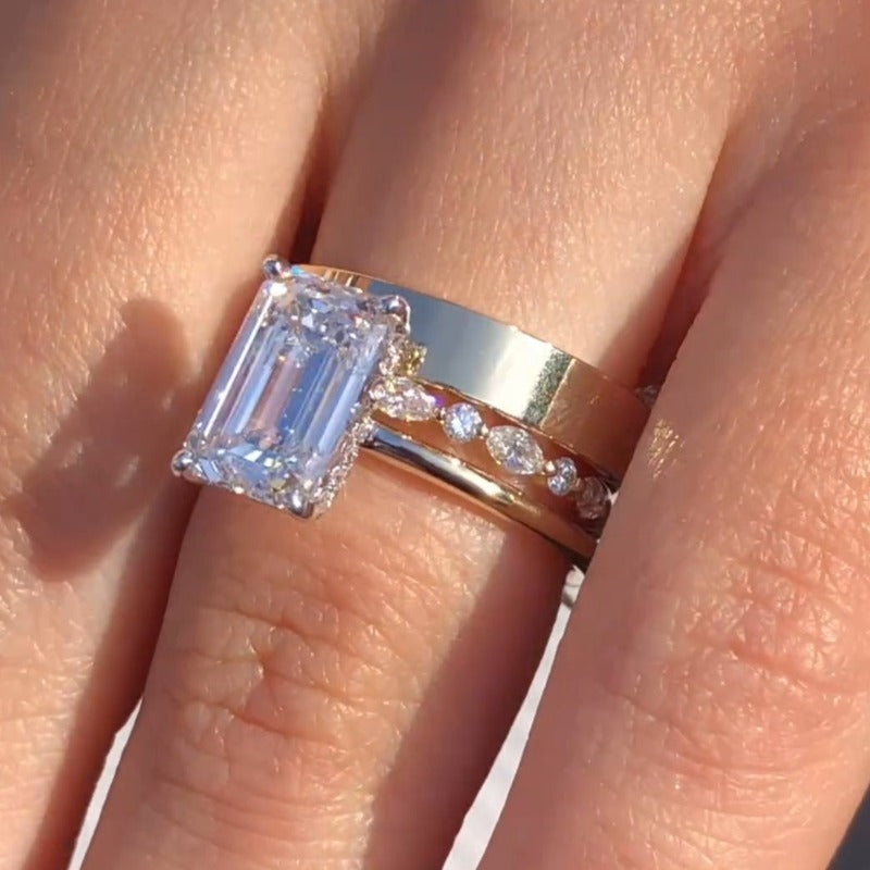 3PCS Golden Tone Emerald Cut Plain Matching Band Bridal Set shineofdiamond