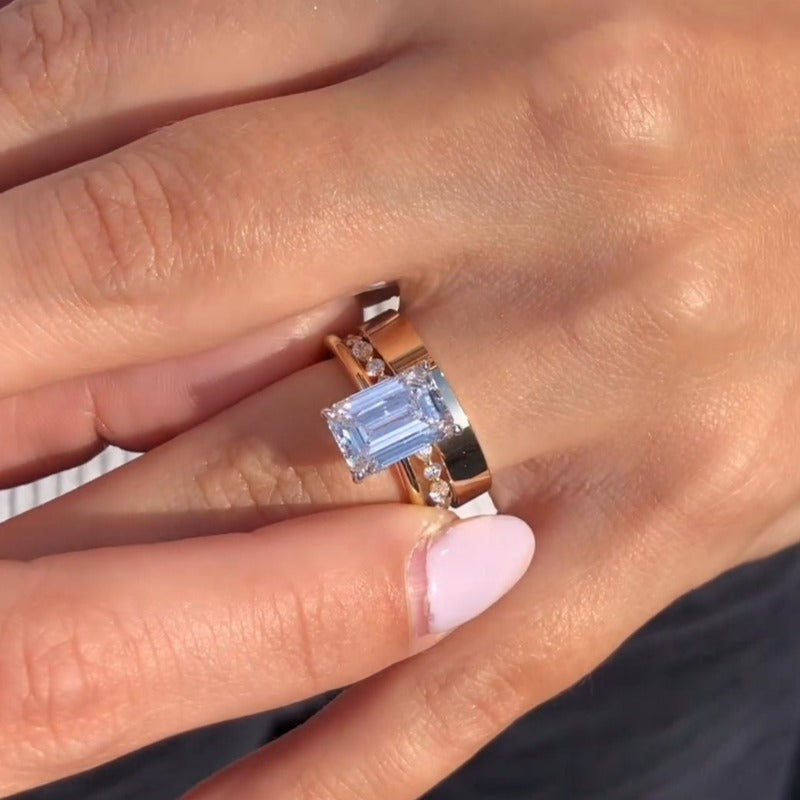 3PCS Golden Tone Emerald Cut Plain Matching Band Bridal Set shineofdiamond