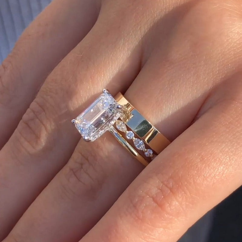 3PCS Golden Tone Emerald Cut Plain Matching Band Bridal Set shineofdiamond