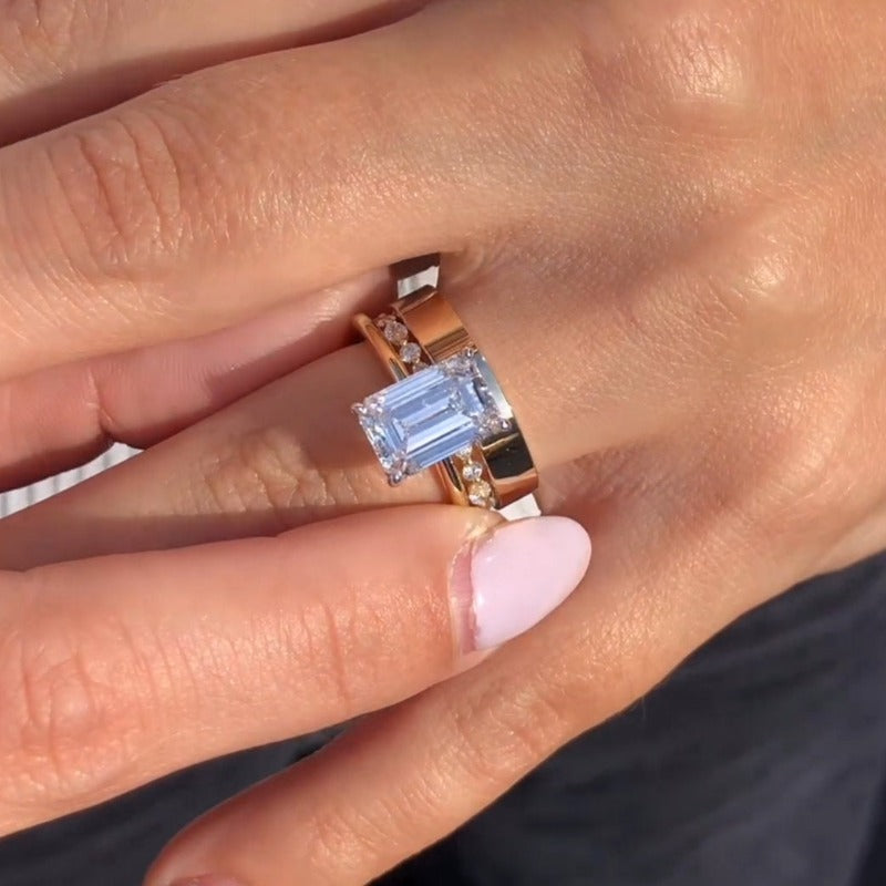 3PCS Golden Tone Emerald Cut Plain Matching Band Bridal Set shineofdiamond
