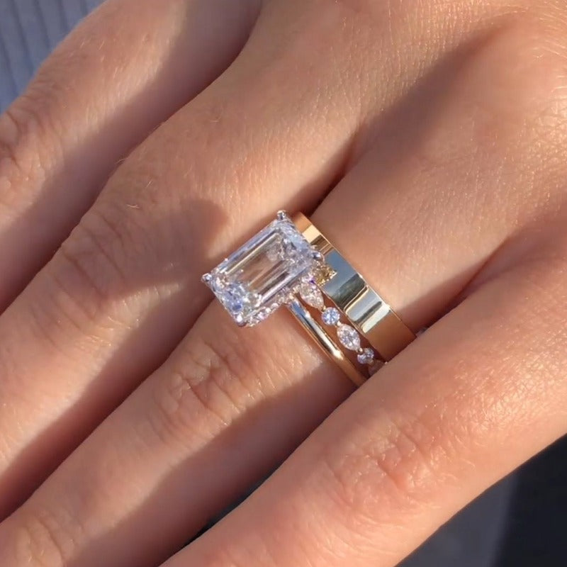 3PCS Golden Tone Emerald Cut Plain Matching Band Bridal Set shineofdiamond