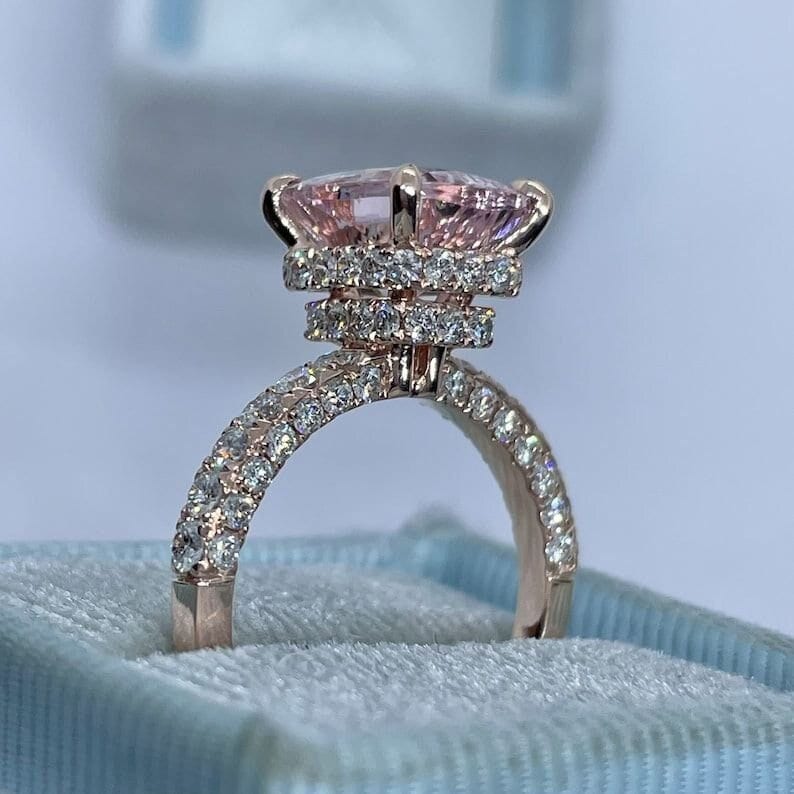 Hidden Halo Cushion Cut Rose Gold Half Eternity Engagement Ring shine of diamond