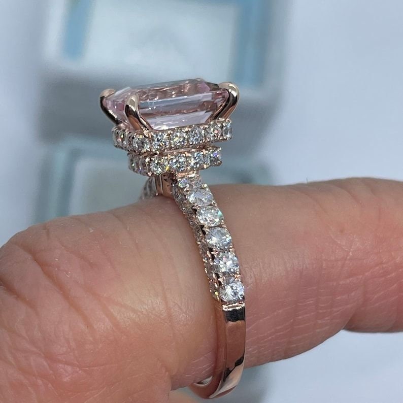 Hidden Halo Cushion Cut Rose Gold Half Eternity Engagement Ring shine of diamond