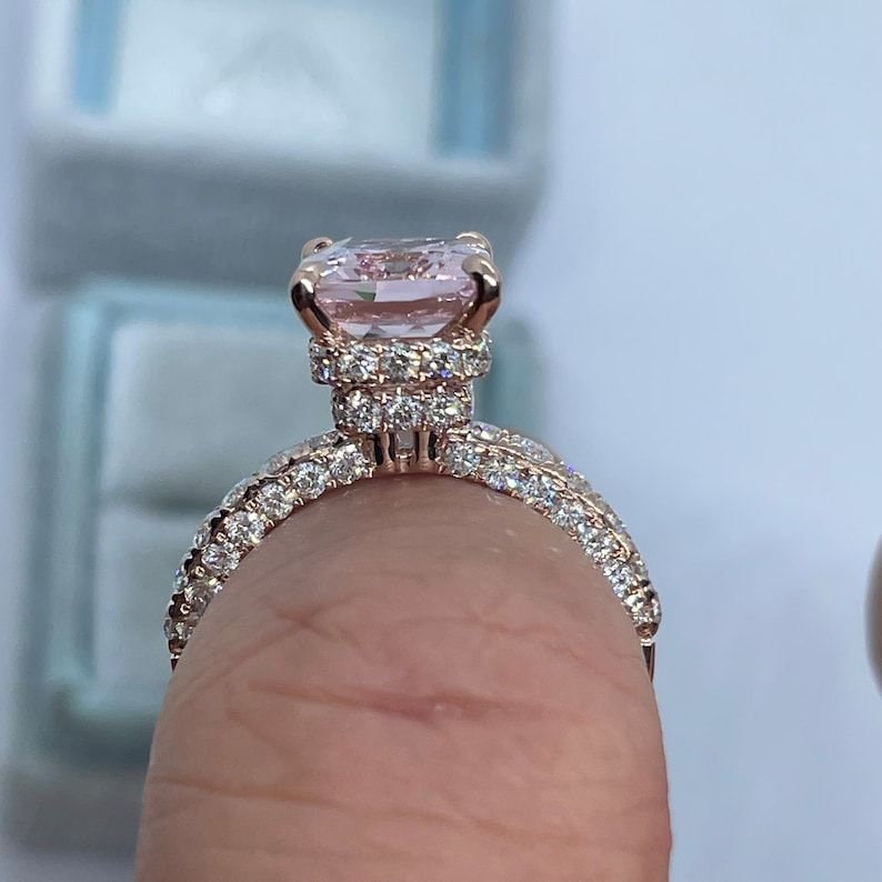 Hidden Halo Cushion Cut Rose Gold Half Eternity Engagement Ring shine of diamond