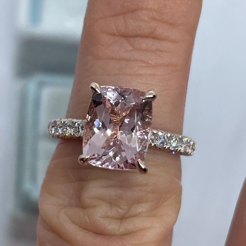 Hidden Halo Cushion Cut Rose Gold Half Eternity Engagement Ring shine of diamond
