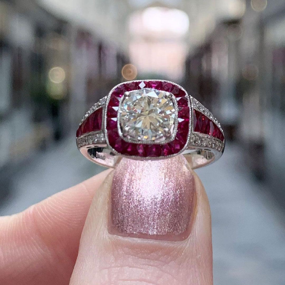 Vintage Ruby Calibre Halo Engagement Ring Shineofdiamond