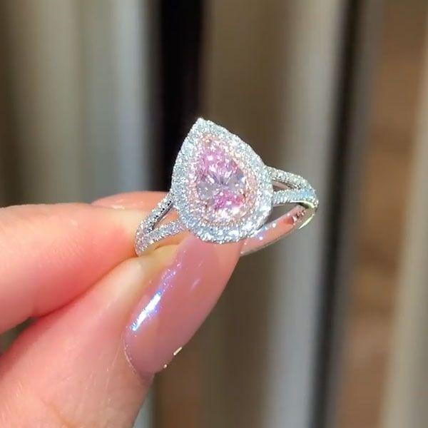 Pink Double Halo Pear Cut Engagement Ring in Sterling Silver Shineofidamond