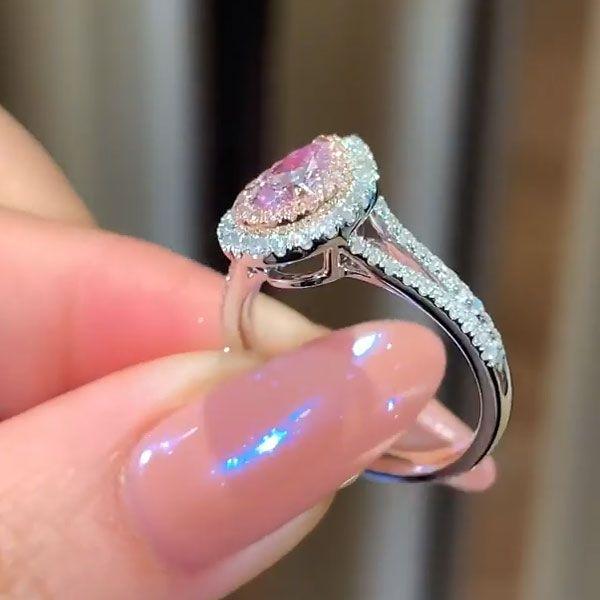 Pink Double Halo Pear Cut Engagement Ring in Sterling Silver Shineofidamond
