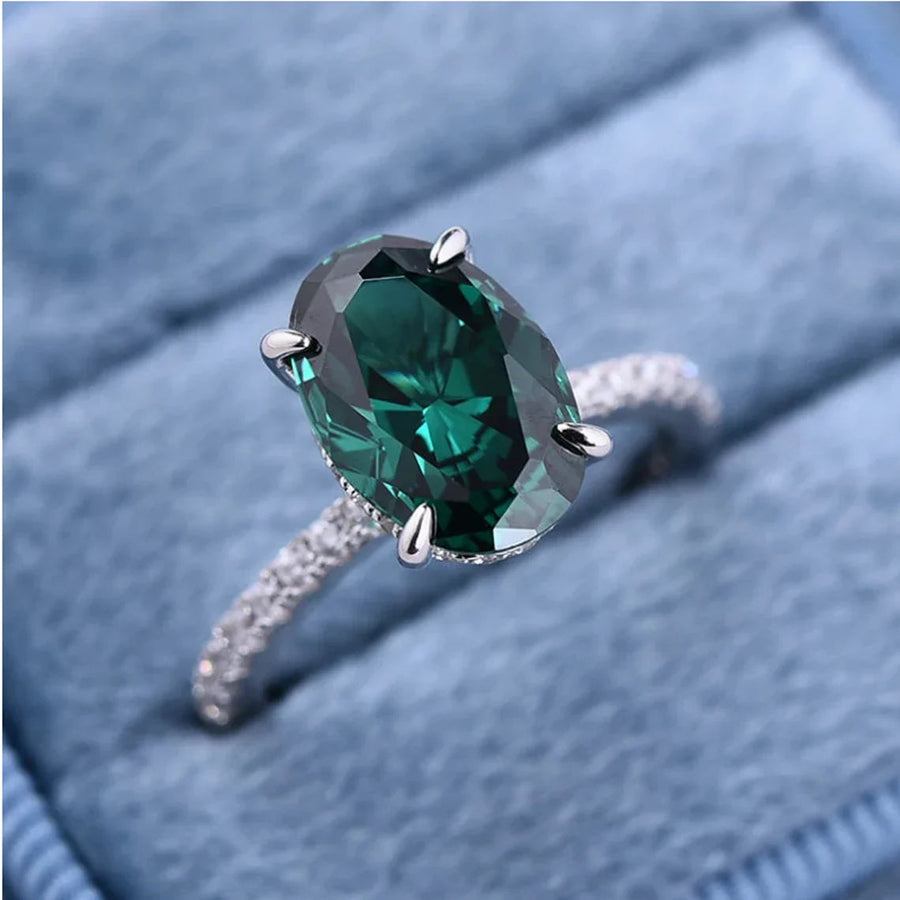 Classic Oval Cut Solitaire Emerald Green Engagement Ring In Sterling Silver Shineofdiamond