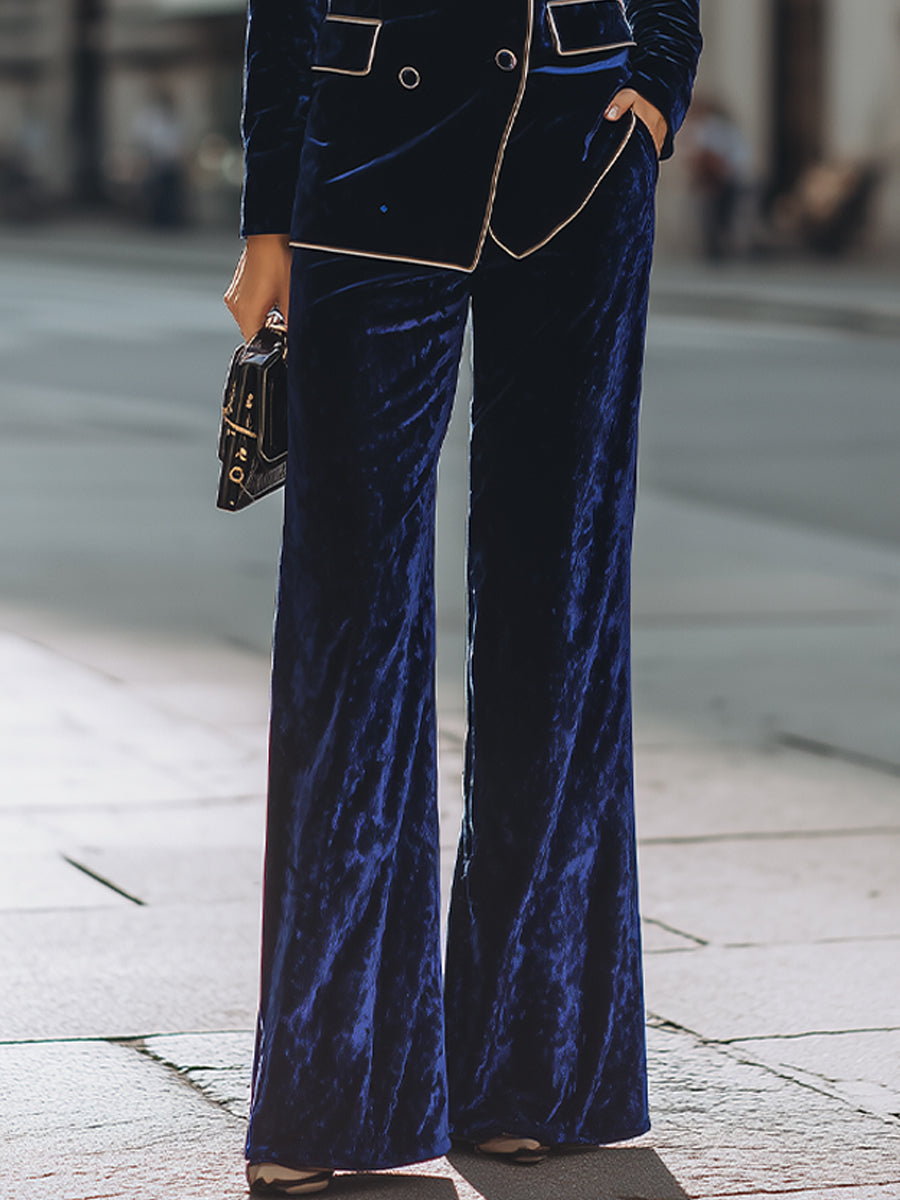 Double-Breasted Velvet Suit With Contrast Piping And Wide-Leg Pants XYS