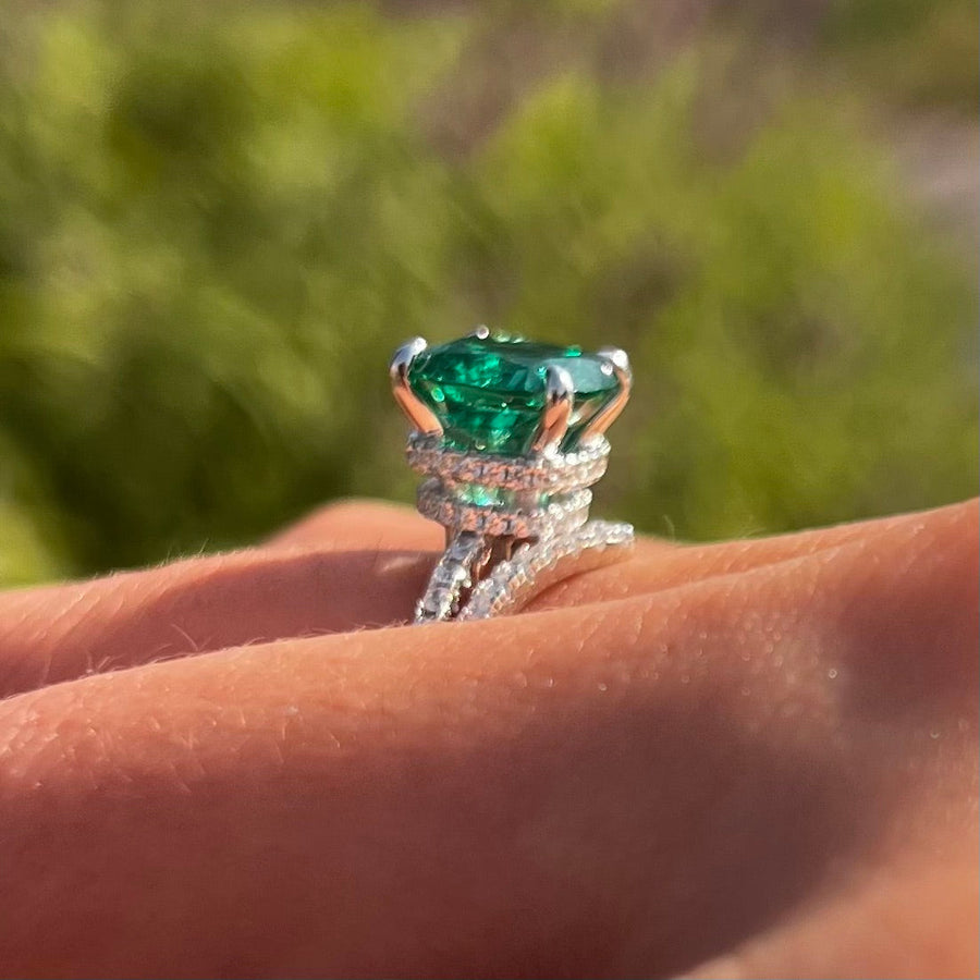 Vintage 2 Pcs Green Cushion Cut Hidden Halo Bridal Sets In Sterling Silver Shine of Diamond