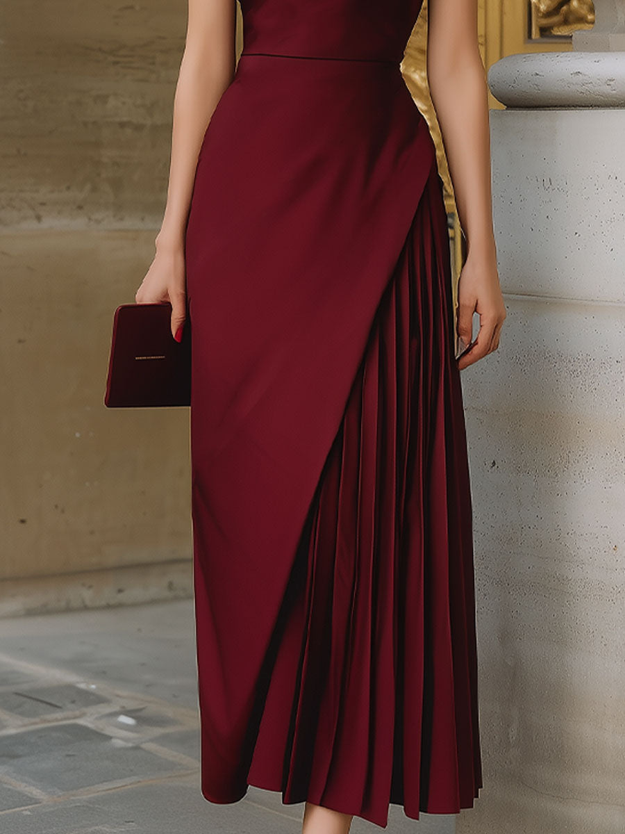Burgundy Halter-Neck Asymmetric Pleated Midi Dress SN