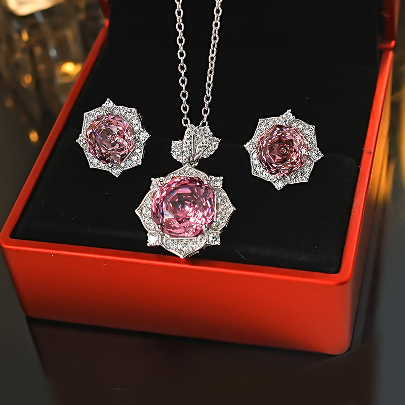 Pink Flower Design Sterling Silver Stud Earrings Shine of Diamond