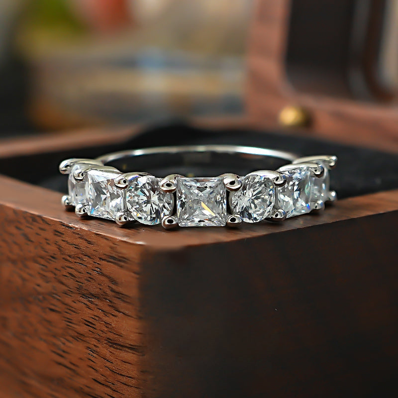 Princess Round Cut Half Eternity Sterling Silver Band Shine of Diamond