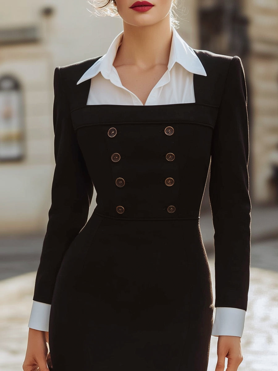 Elegant Faux-Layered Double-Breasted Slim Midi Dress MLZ