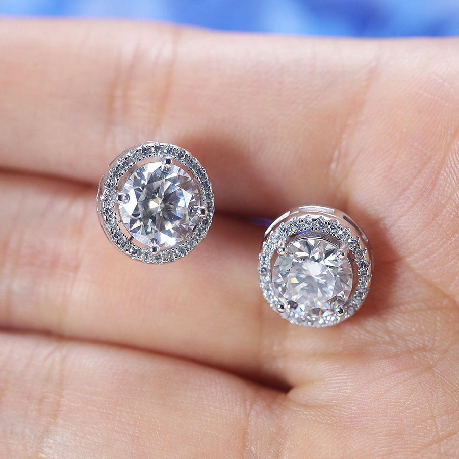 D Color Moissanite Round Cut Halo Design Sterling Silver Stud Earrings Shine of Diamond