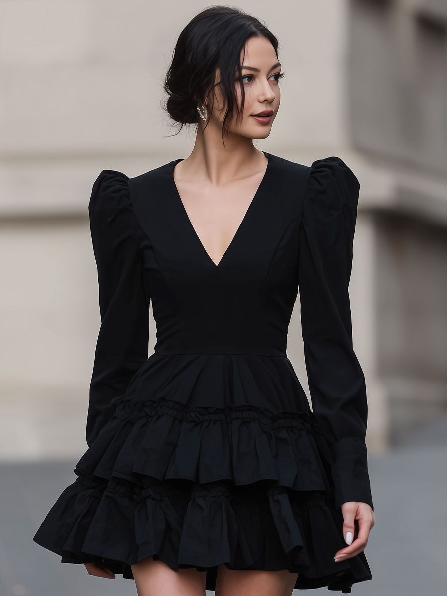 CAAYWORLD Dramatic Black Puff-Sleeve Tiered Mini Dress SN