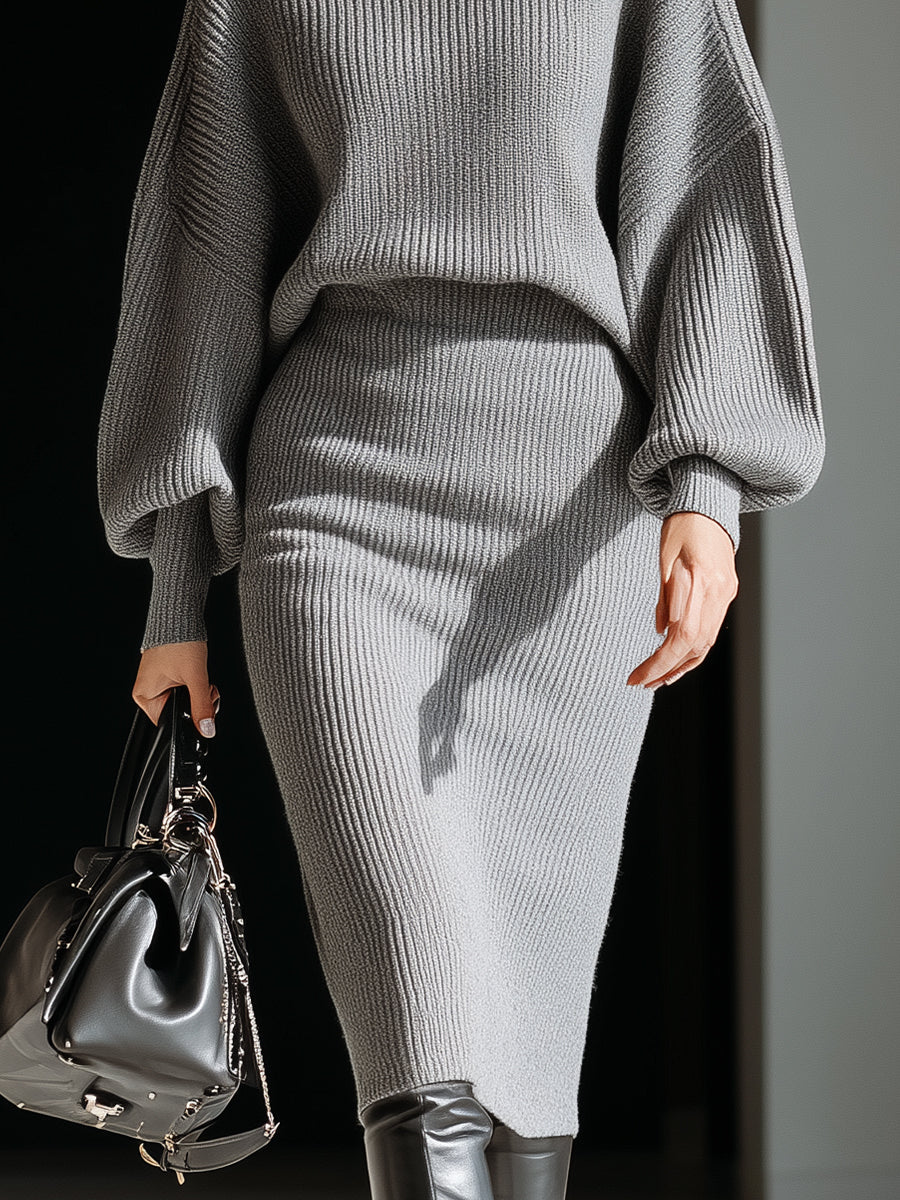 Gray Ribbed Turtleneck Batwing Sweater Dress XYS