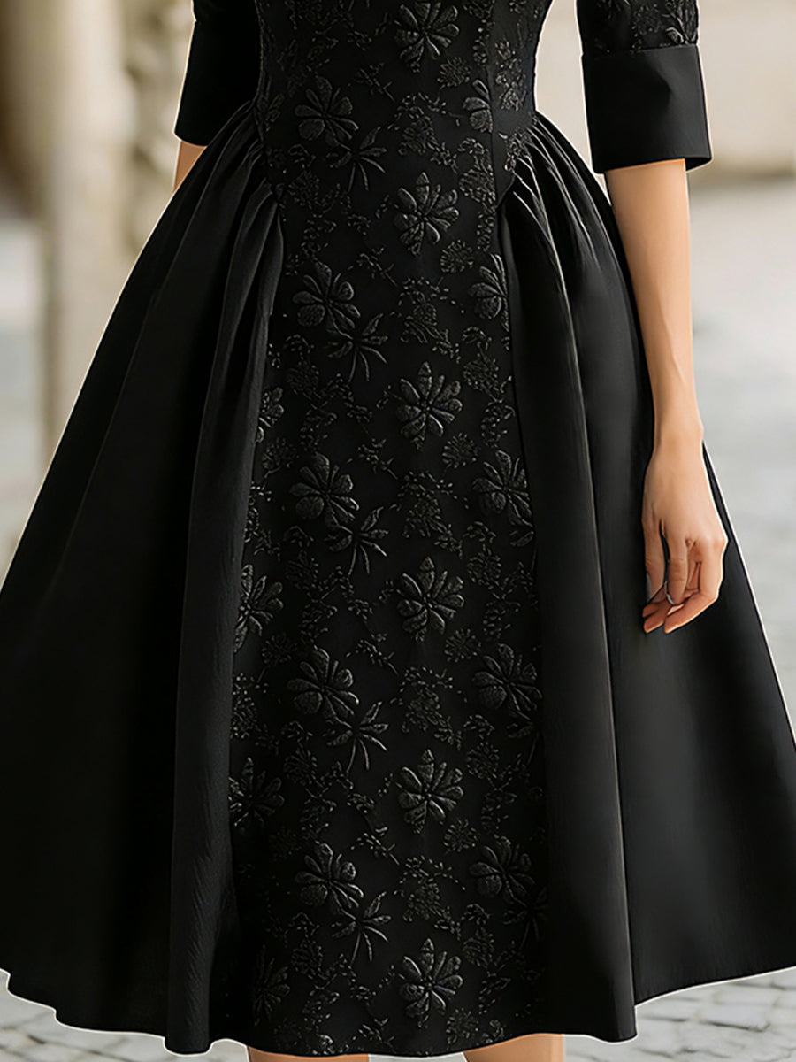 Elegant Jacquard Short-Sleeve A-Line Midi Dress HWT