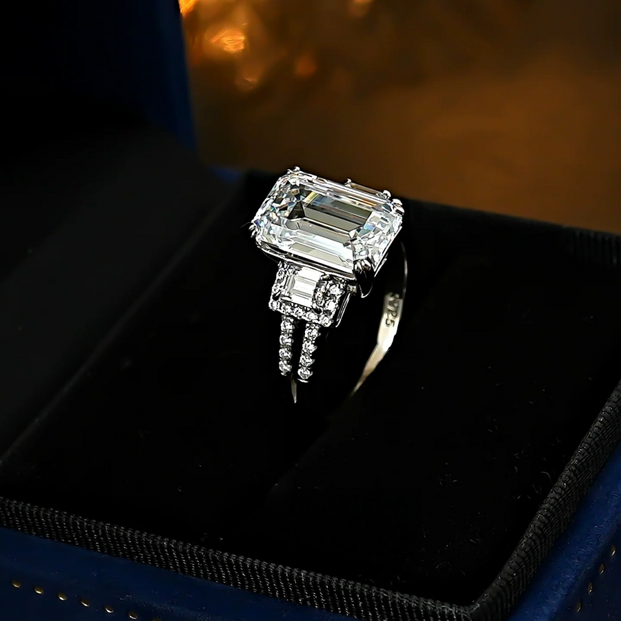 Emerald-Cut Three-Stone Engagement Ring in 925 Sterling Silver Shine of Diamond